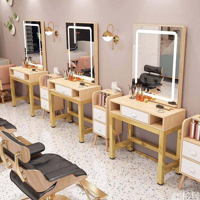 网PGX红理镜台染发廊实木柜子一体单面化妆烫剪店发发美发店镜子