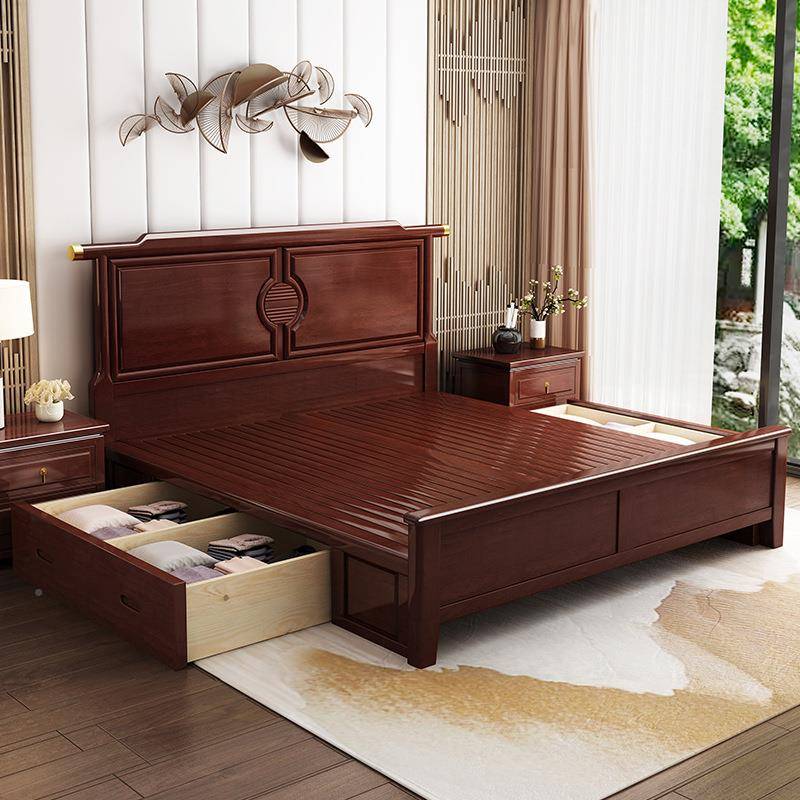 中式木床实橡胶高箱木床1.5新米1QGC.8m双人床经济型中式主卧婚床