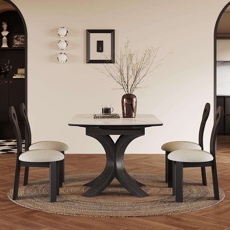 8奢V复古岩板餐桌可伸款缩圆两用黑色2025新意式轻F77H9HM7实木餐