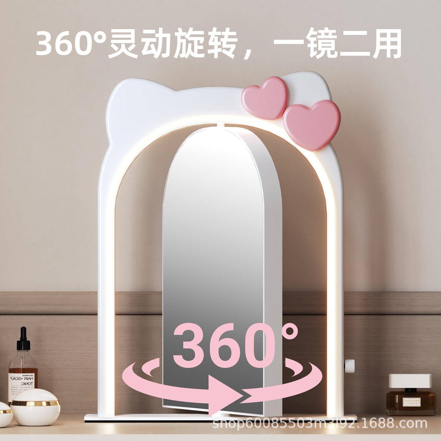 源头厂家直供创爱心台led带灯清猫补光式桌意面化妆镜FB001 化妆