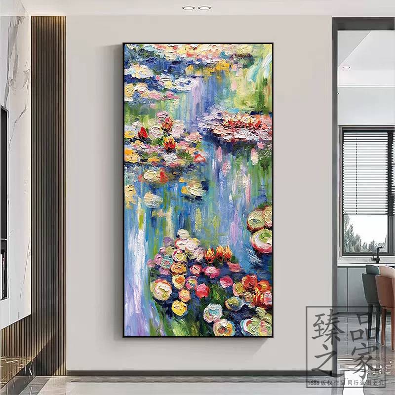 莫奈睡莲名画入户玄关装饰画砂岩肌理画楼梯走廊过道竖版手绘油画图片