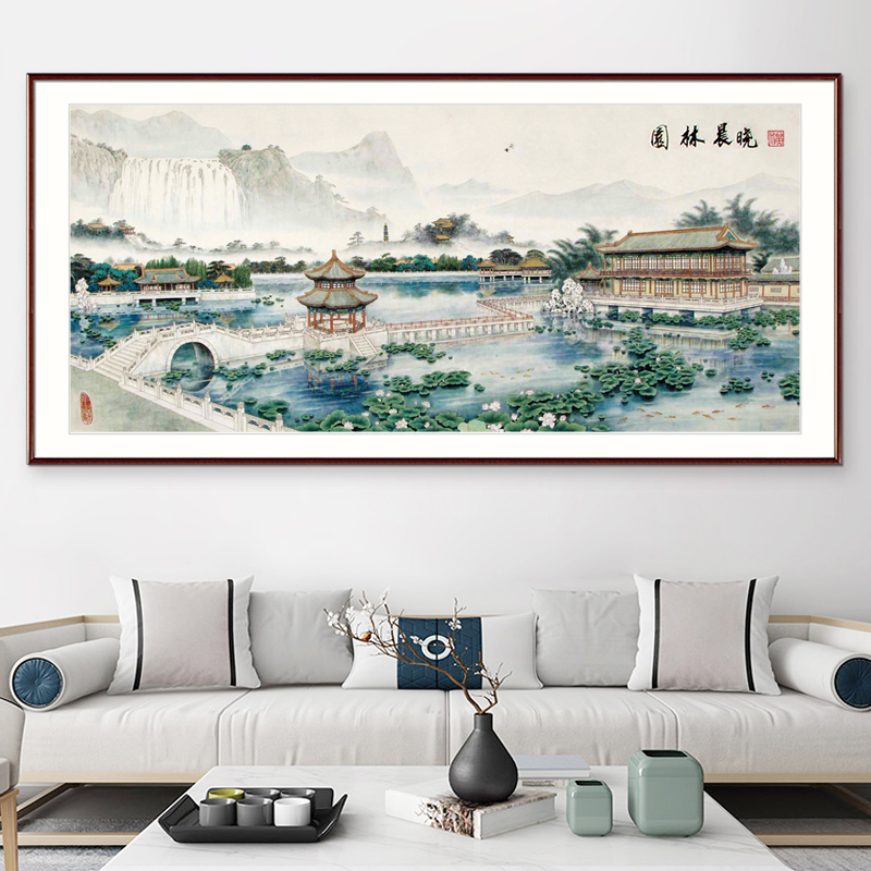 园林晨晓图十字绣2023新款线绣客厅大幅新中式山水画名画手工刺绣