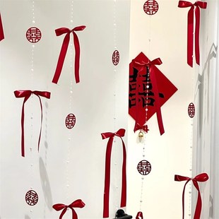 饰结婚卧室房门高级氛围感珍珠蝴蝶结丝带门帘窗帘 粉色婚房门上装