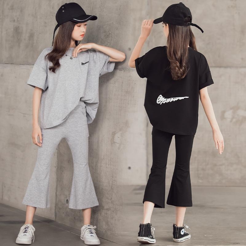 2022夏季套装宽松T恤短袖女中大童夏季修身七分喇叭裤套装亲子装