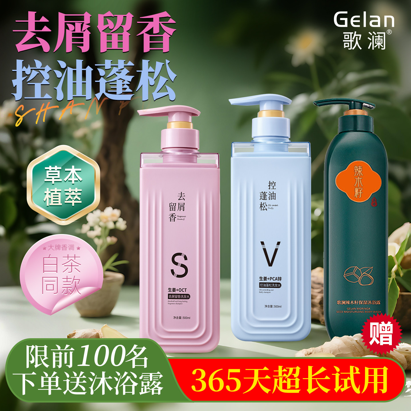 歌澜植萃去屑留香控油蓬松洗发水组合草本植物精华清爽柔顺洗头露