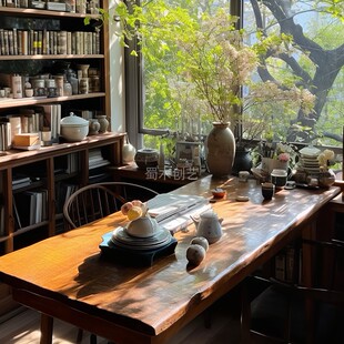 复古文艺茶室新中式禅意实木风茶桌书桌略不规则边缘茶台餐桌组合