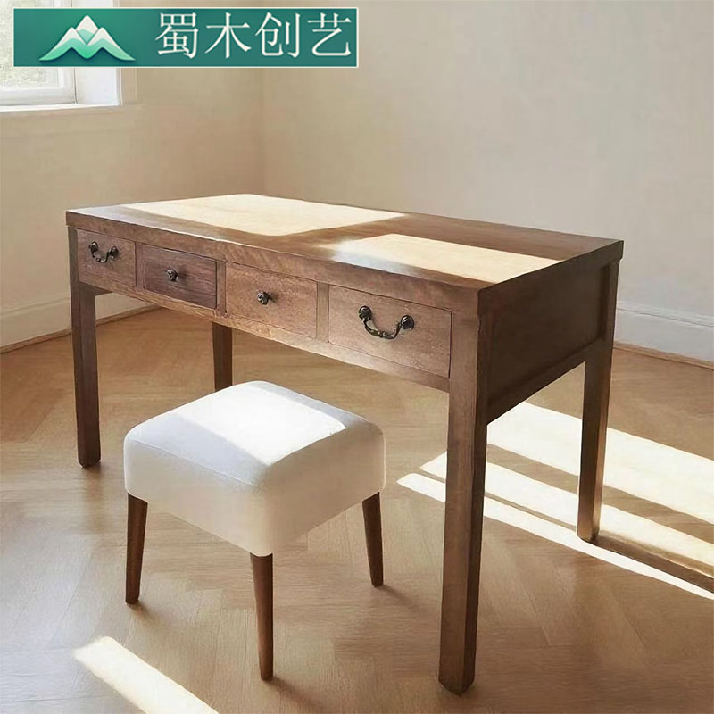 柚木实木书桌书架一体