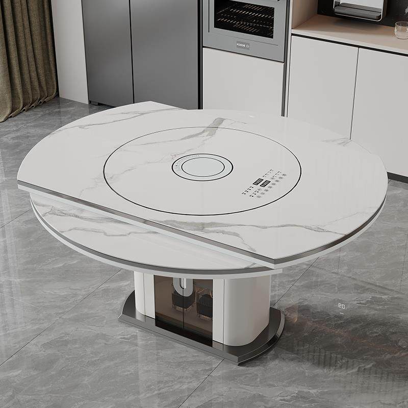 岩板圆形餐桌椅组合2025新款多功能可伸缩餐桌家用电磁炉暖菜转盘