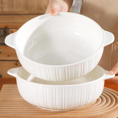 10英寸双耳竖纹大汤碗创意日式简约风格大汤盆大容量加厚陶瓷家用