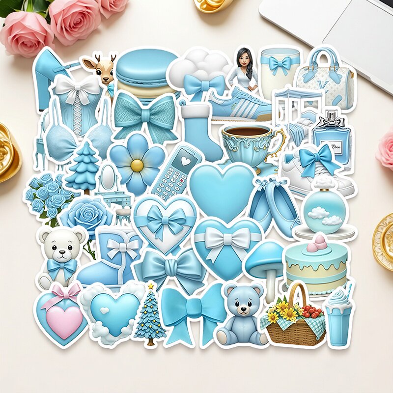 蓝色可爱蝴蝶结爱心小熊贴画装饰行李箱手机壳吉他DIY防水贴纸包