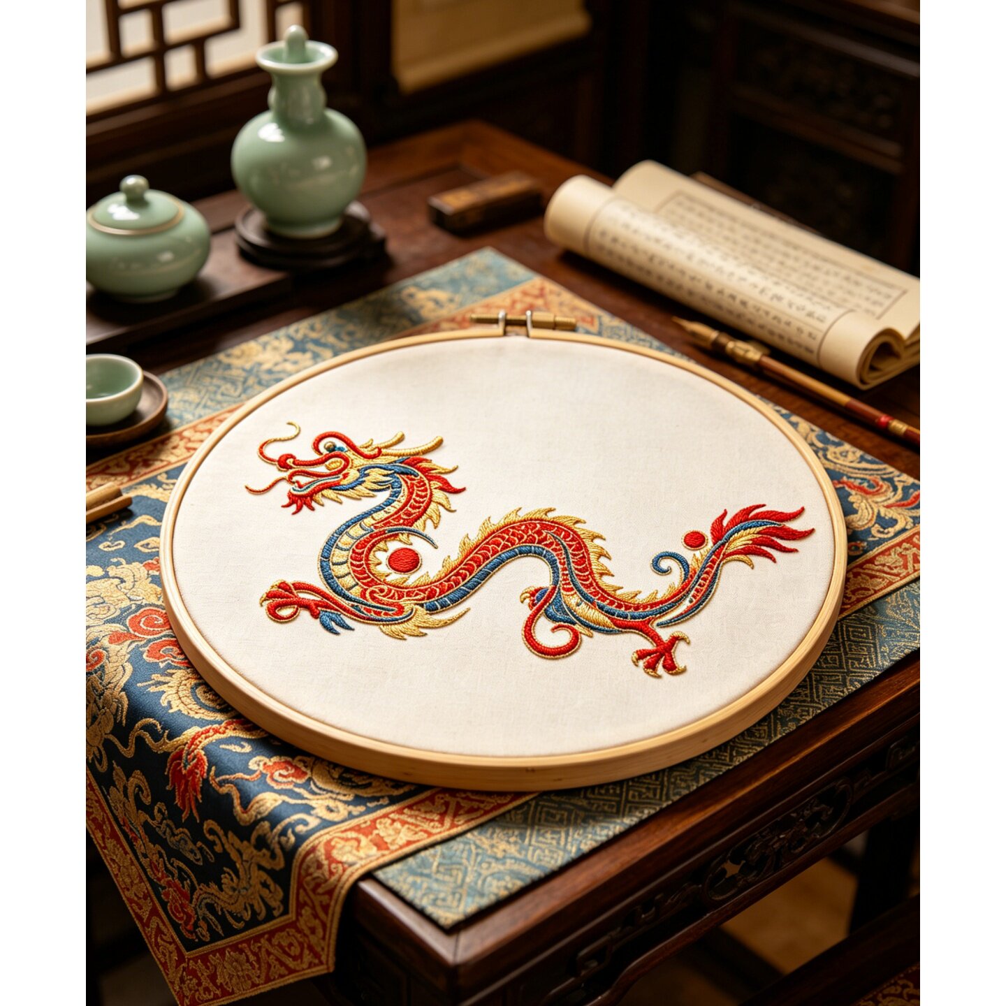 传统经典中国风五大瑞兽龙凤貔貅龟麒麟纹线稿图刺绣缝纫背胶冷水溶解无纺布稳定器无需拓印A4环保自粘水溶纸