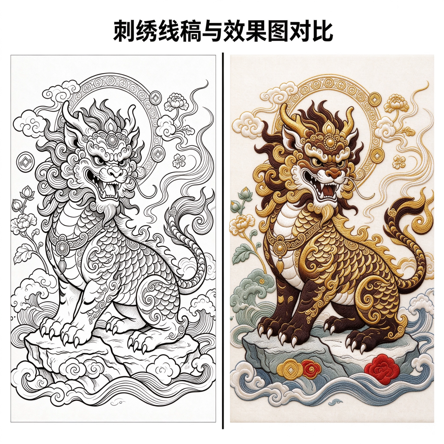 中国风麒麟刺绣自粘水溶无纺布