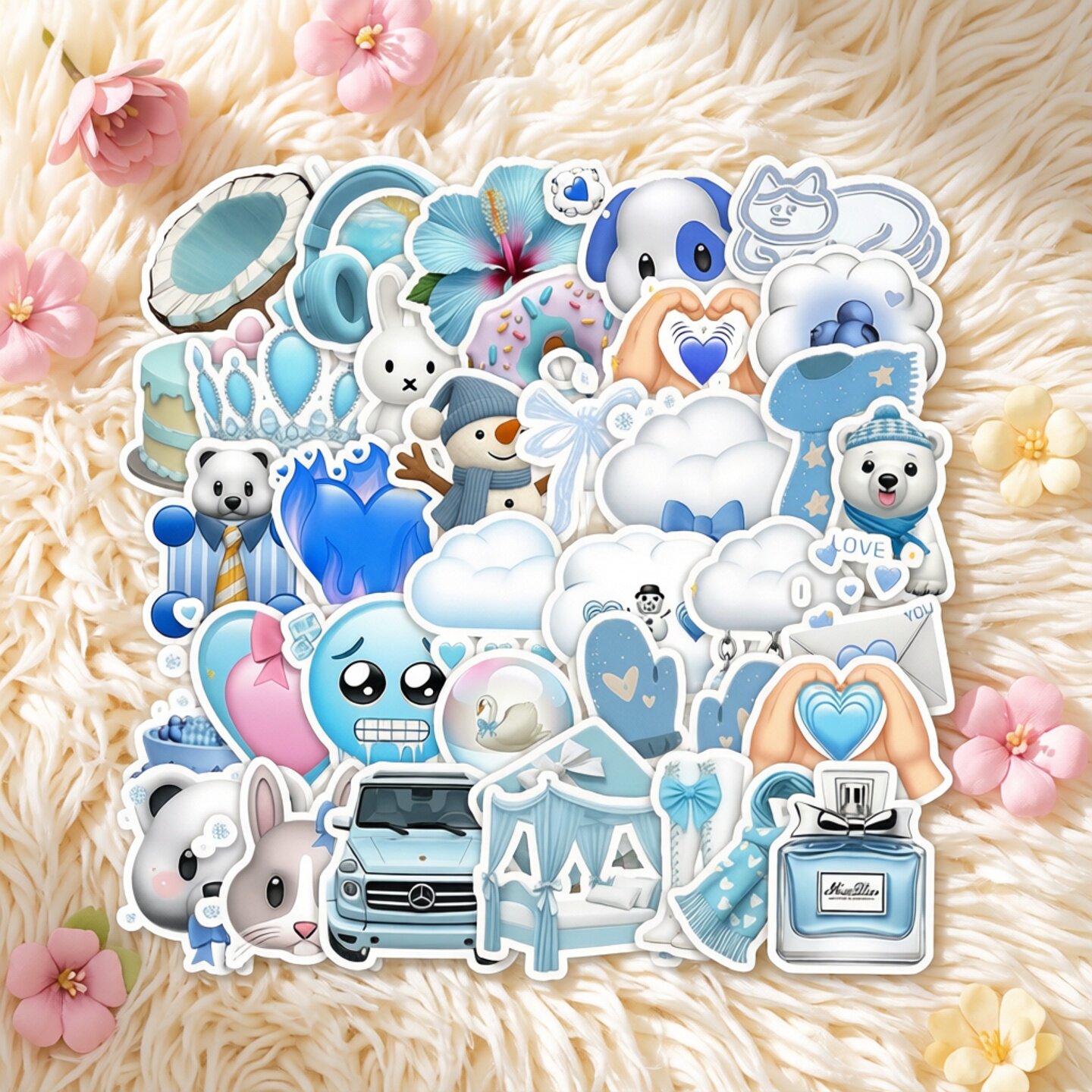 可爱卡通蓝色调贴纸套装DIY装饰行李箱手机壳头盔吉他防水贴纸包