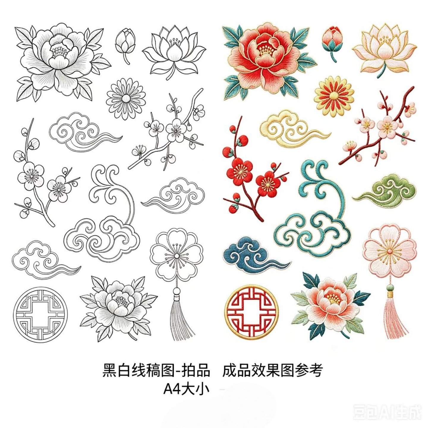 中国风瑞兽吉祥纹样刺绣线稿图