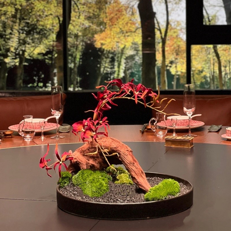 酒店餐厅桌花摆件大圆桌中间转盘摆花造景景观装饰轻奢摆台