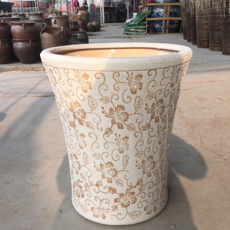 珍珠白带花卉图特大号高筒陶瓷花盆案散尾葵绿萝琴叶榕盆发财树