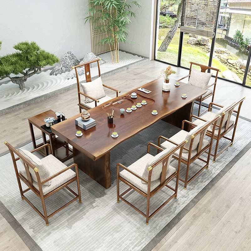 整板实木茶桌2米4办公室茶室功夫泡茶台原木大板新中式茶桌椅组合