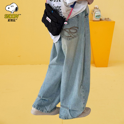 史努比女童裤子儿童牛仔裤春秋2026新款长裤中大童韩版弯道阔腿裤