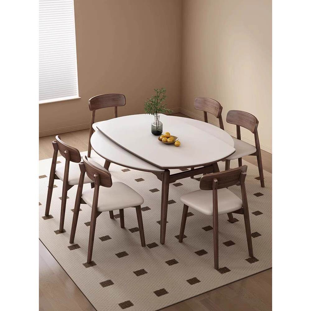 实木岩板餐桌椅组合可伸缩方圆两用现代简约家用小户型折叠饭桌