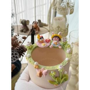 木子原创手作粗陶多肉花盆可爱动物透气生石花PP肉锥