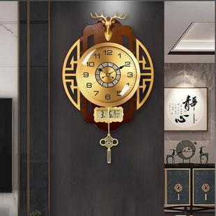 客厅家用挂钟新中式高级感实木黄铜餐厅装饰挂表电波机芯静音时钟