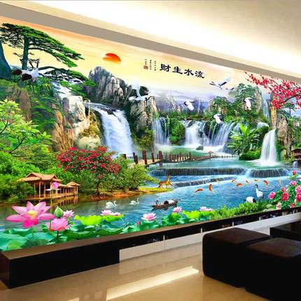 流水生财十字绣迎客松2024新款线绣客厅高端大气风景山水画刺绣