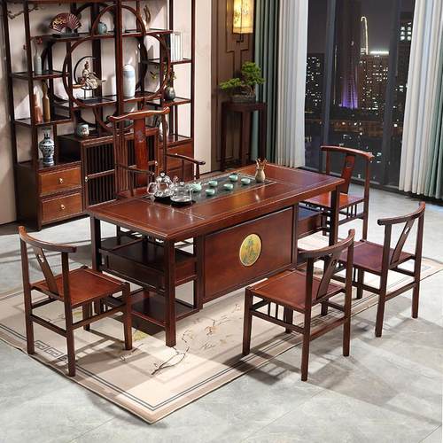 新中式实木茶桌椅组合办公室茶台原木家用功夫泡茶几套装一体茶桌