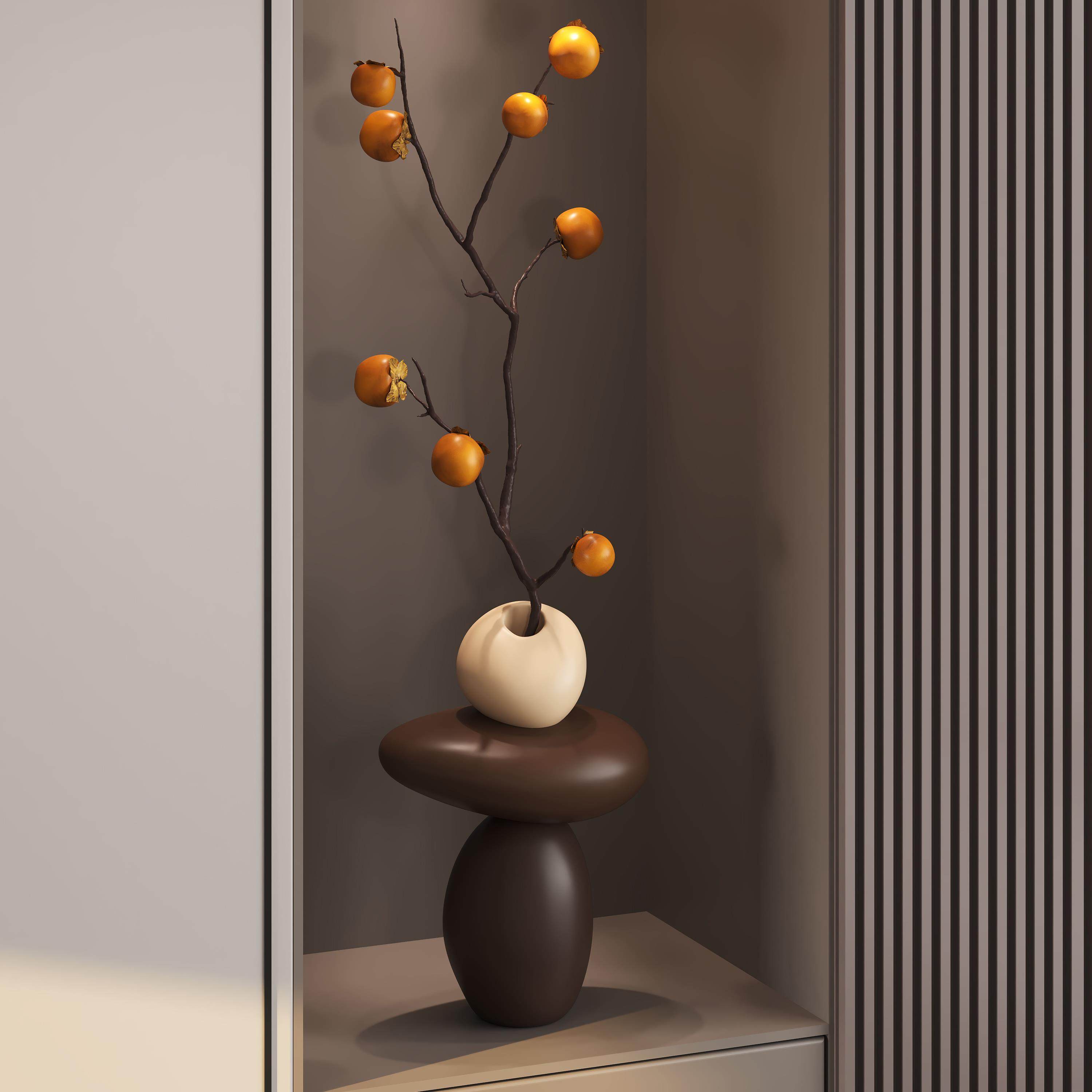 石来运转入户玄关壁龛摆件柿柿如意彷真绿色植物花瓶客厅电视柜装