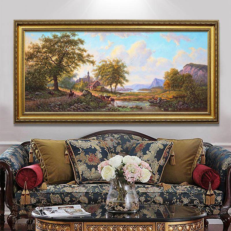 美聚宝田园山沙发法式背景油画水风景牛壁挂客厅装饰画DY823970挂图片