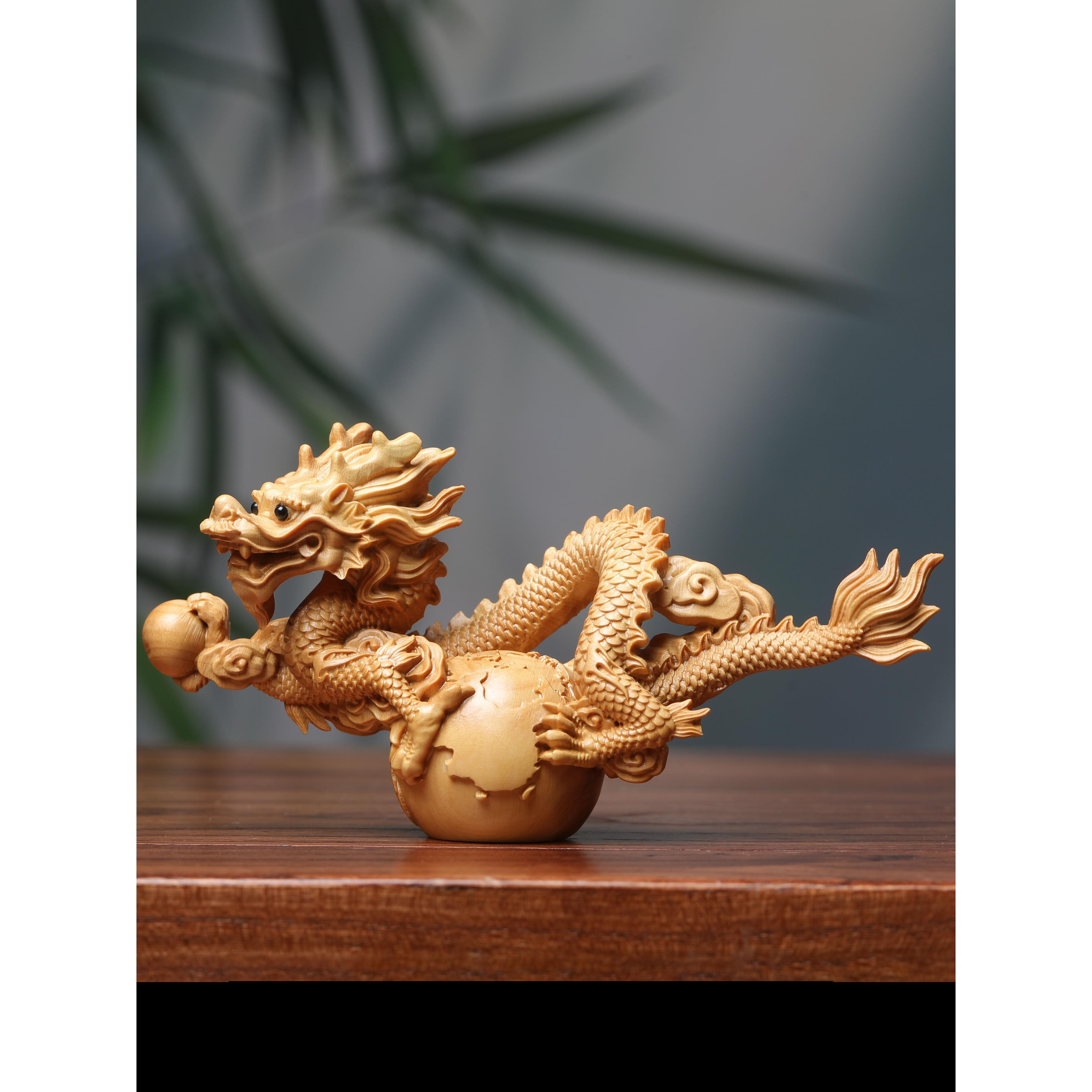 小叶黄杨木雕刻地球盘龙献珠生肖龙家居摆件装饰品办公室工艺礼品