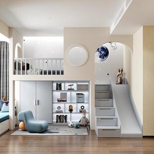 儿童房间全屋定制实木高架滑梯床小户型上床下书桌衣柜一体组合床