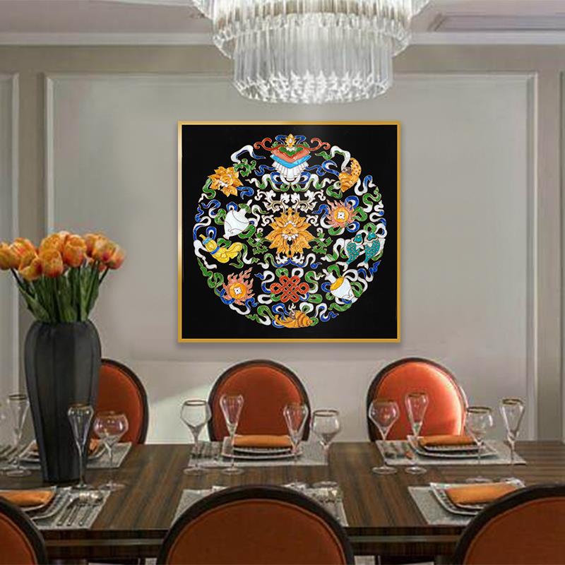 寓意富裕平安珐琅彩装饰画高端餐厅挂画方形轻奢高级感背景墙壁画