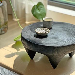 侘寂实木飘窗小茶台圆形茶几黑色地台茶桌榻榻米桌子炕桌炕几矮桌