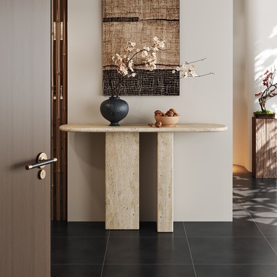 侘寂风天然洞石玄关桌入户走廊靠墙超窄长条桌售楼部样板房玄关台