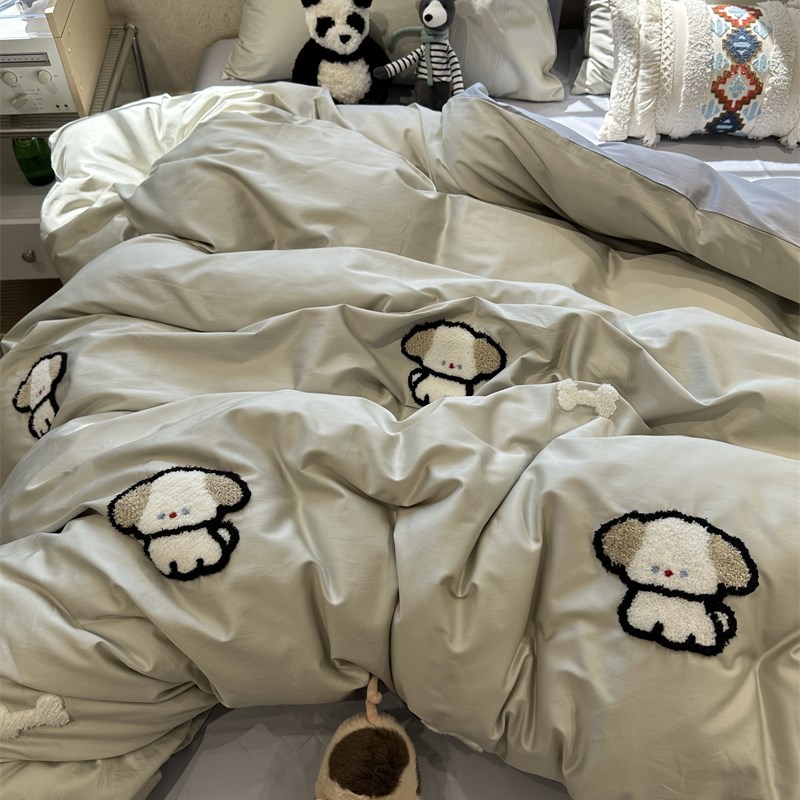 100支全棉长绒棉贡缎狗狗小骨头毛巾绣四件套1.5m1.8床上用品