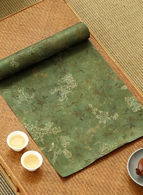 中国风茶席长桌旗香云纱茶道配件绿色双面防水茶桌干泡垫子