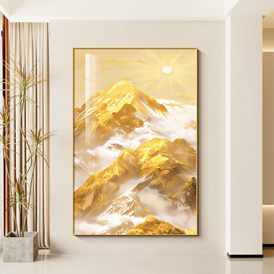 日照金山入门玄关装饰画轻奢大气走廊尽头挂画东墙寓意好竖版壁画