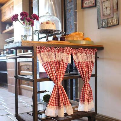 式03873地中海丝窗帘防尘帘柜美门帘小清新红格子半帘小门帘蕾穿