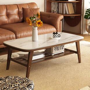 原木风新款双层岩板茶几现代简约橡胶木桌腿茶台隔层储物客厅家具