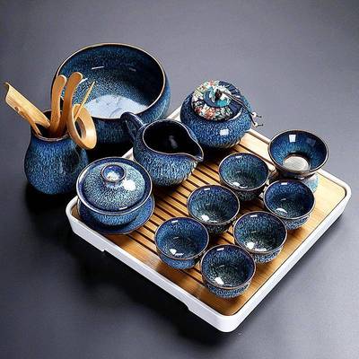 陶瓷功夫茶具套组家用钧窑个性简约窑变建盏盖碗茶壶茶杯茶道整套