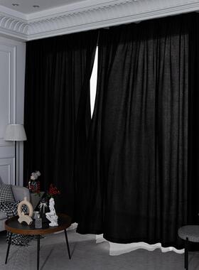 定制简约北欧透不光人天丝绒色窗10857帘黑阳台卧室飘窗纱帘现代