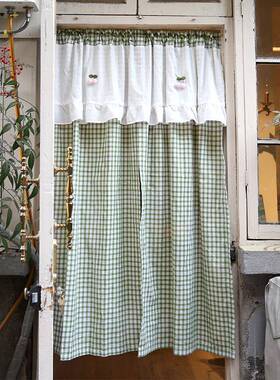 美艺式乡村19858布小新穿杆窗卧室免打孔半清帘窗帘绿帘格棉布幔