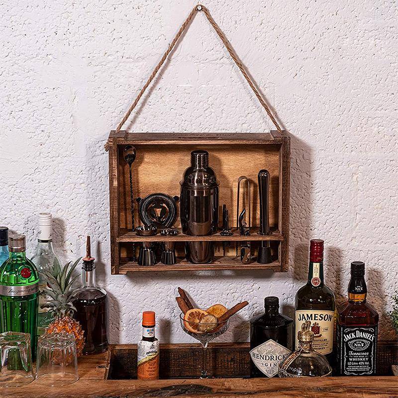 三段式调酒器套装不锈钢爵士黑鸡尾酒酒具雪克杯摇摇杯木框木