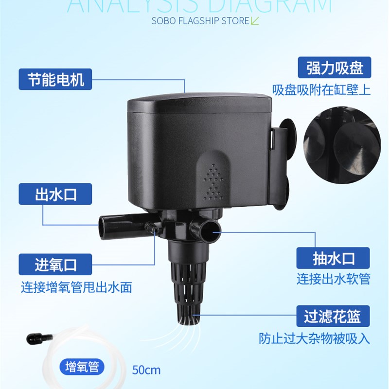松宝鱼缸过滤器三合一增氧潜水泵超静音上循环多功能小型抽水泵