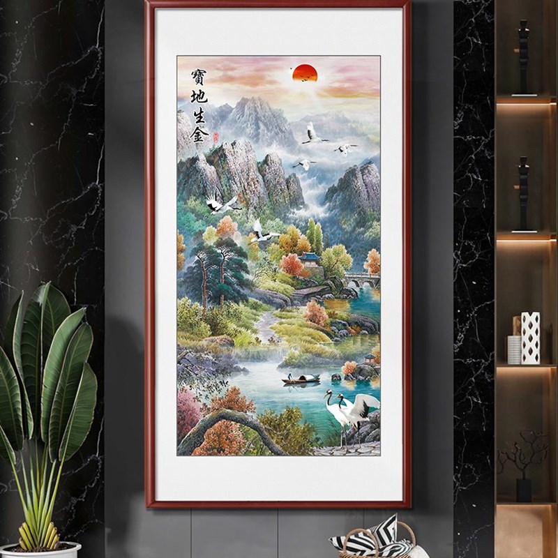 聚宝盆山水画挂画进门玄关画竖版八方来财装饰走廊过道壁画办公室