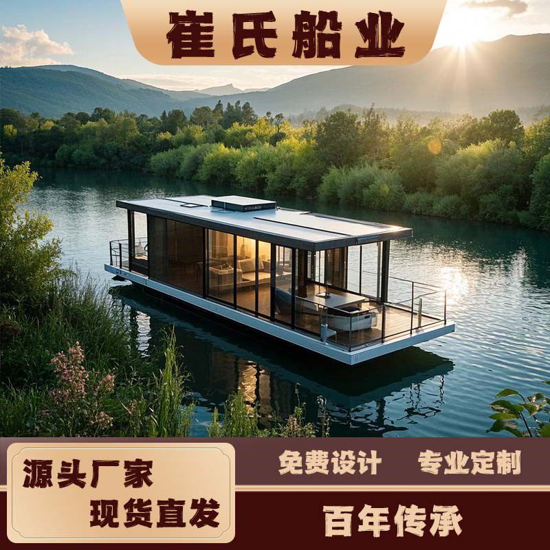 仿古现代玻璃钢包木住宿水上房船钓鱼台