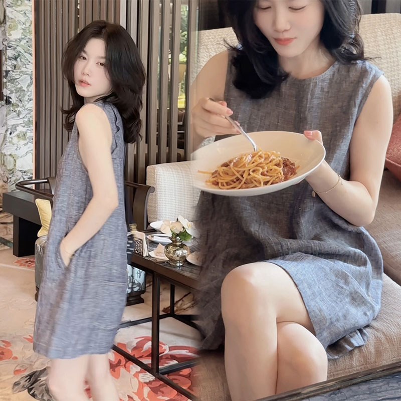 小个子轻熟减龄夏k装新款无袖连衣裙宽松遮肉显瘦慵懒风圆领背心