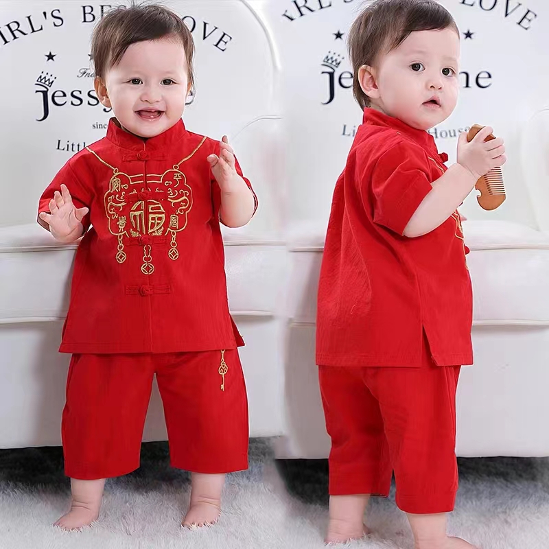 抓周礼服男宝宝红色纯棉tt一周岁婴儿唐装夏款女宝喜庆衣服中国风