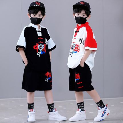 广西三月三民族服装男童国潮汉服夏装儿童中国风短袖W套装演出服