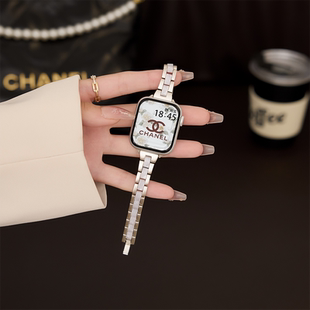 适用applewatch三珠金属拼接S10/9苹果手表iWatch夏季创意表带S8/7高级感小蛮腰细款SE小香风气质Ultra腕带女